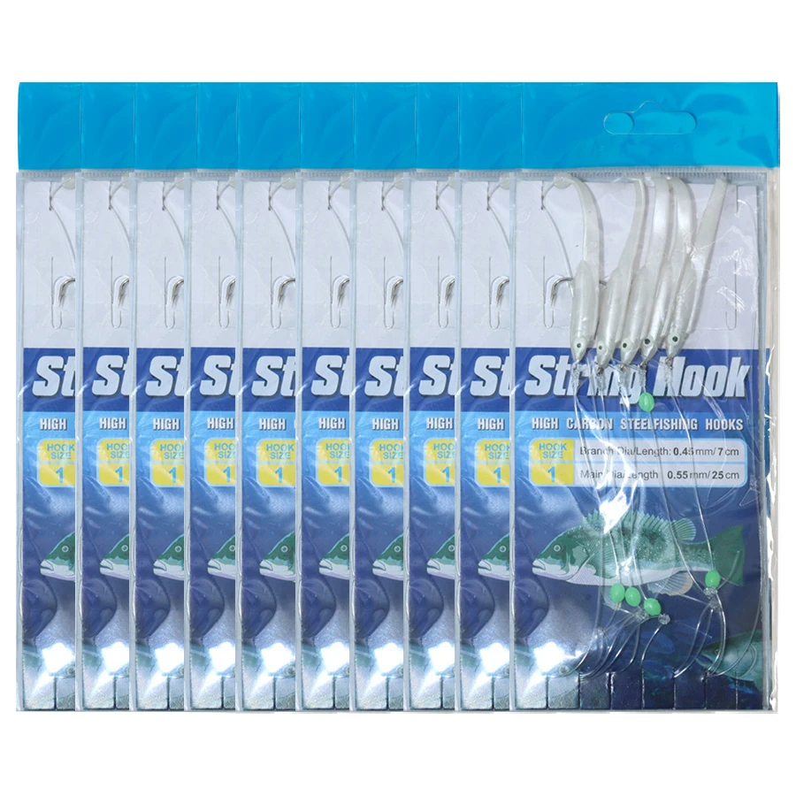 

Soft Eel Fishing Bait Rigs 10Packs 1# Sabiki Fishing Lures 5Hooks/Pack Glow Fishing Beads with Ball Bearing Swivel