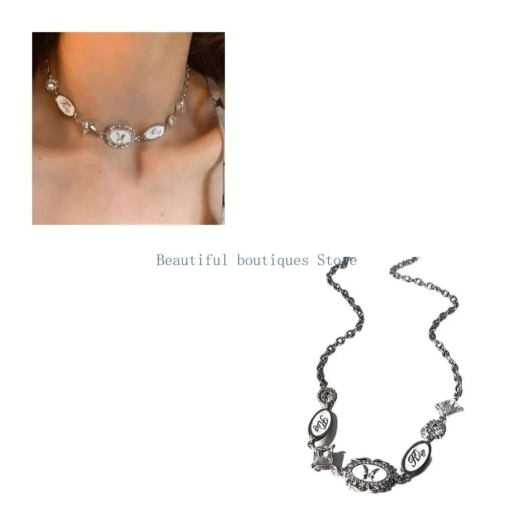 U4LF Butterfly Charm Jewelry Silver Tone Chain with Crystal Details and White Plaques, Giftable Fashion Accessory for Daily Wear
