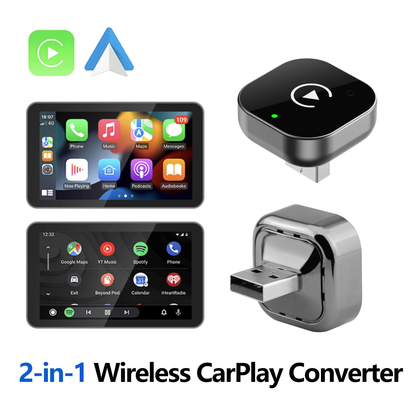 

Беспроводной адаптер 2-в-1 для CarPlay и Android Auto. Подключение по принципу Plug & Play. Преобразует проводное соединение в беспроводное. Быстрое автоматическое подключение без задержек.