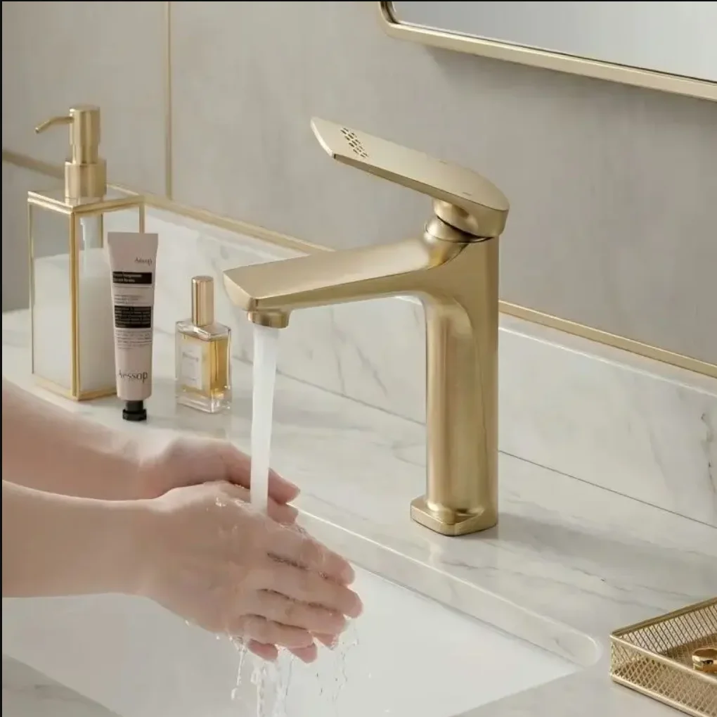 Modern Brushed Gold Bathroom Sink Faucet | Hot/Cold Water Mixer Tap, Short And Hight Finishes Available