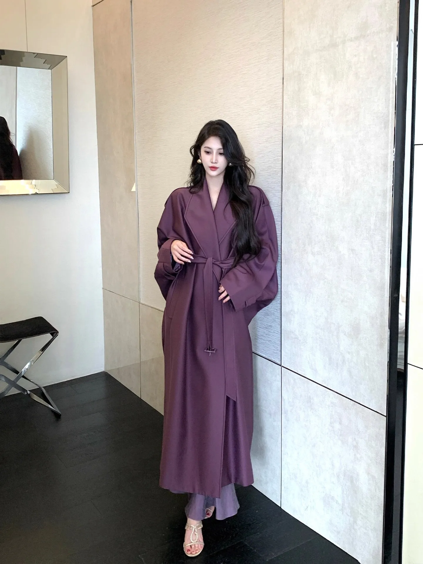 

Lautaro Spring Autumn Oversized Purple Long Bat Sleeved Trench Coat for Women Loose Casual Luxury Korean Fashion Clothes 2025