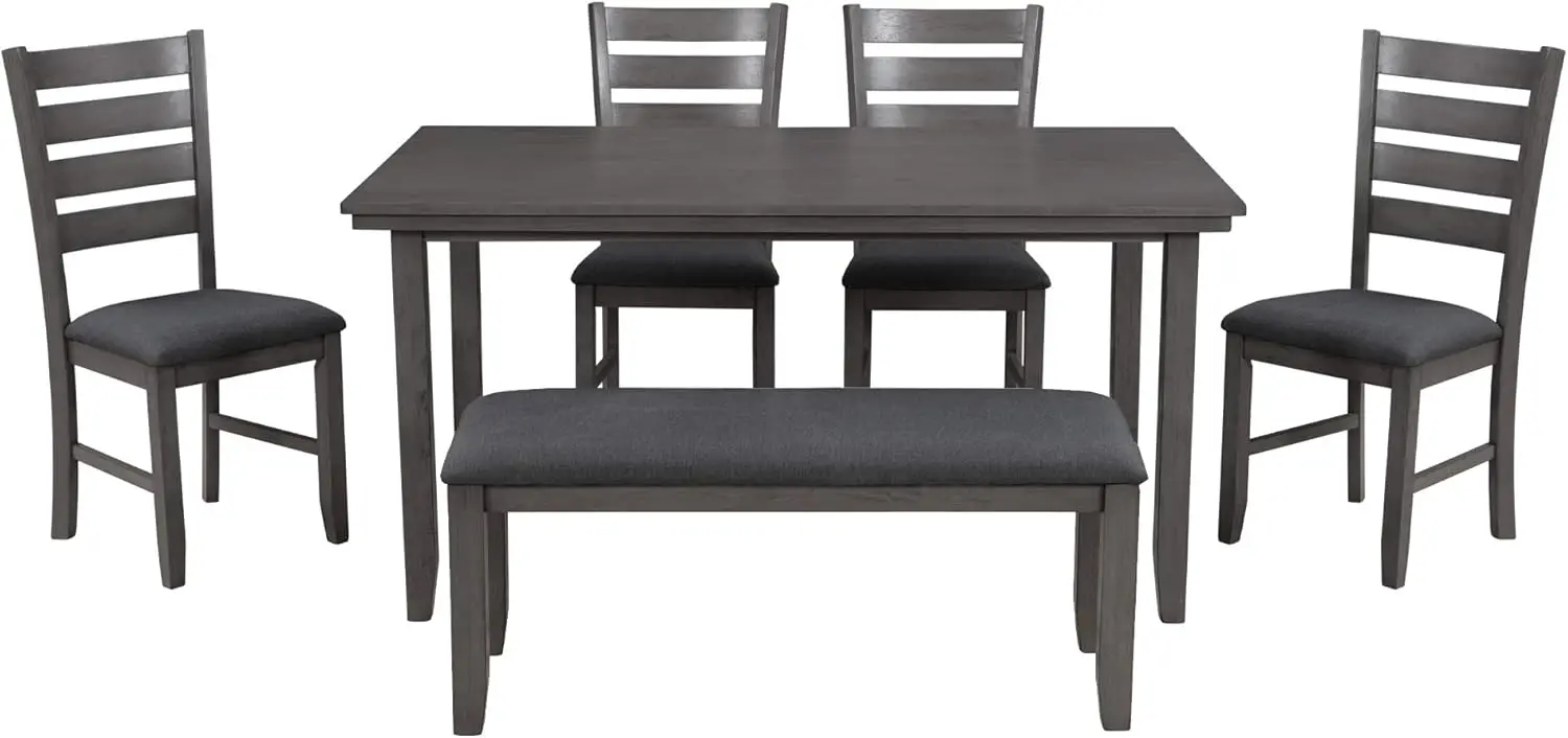 6 Piece Wooden Dining Table Set with Bench and 4 Dining Chairs, Kitchen Table Set Family Furniture for 6 People (Dark Grey)