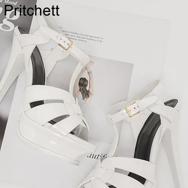 Black Leather Cowhide Super High-heel Fish Mouth Shoes Waterproof Platform Buckle Sandals Luxury Banquet Fashion Women's Shoes image 5