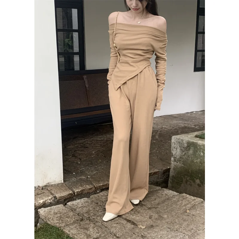 2023 Spring for Women Korean Style Irregular Off Shoulder T-shirt + Pants Suit 2 Pieces Sets Tight-fitting Retro Y2k Suit