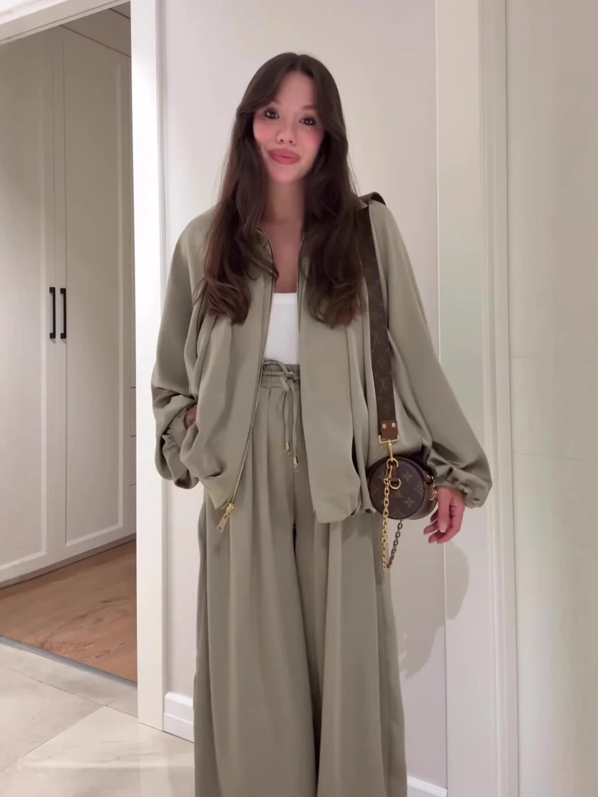Multi-color Satin Two Piece Set For Women Casual Loungewear Oversized Puffed Sleeve Zip Up Jacket High Waist Wide Leg Pants