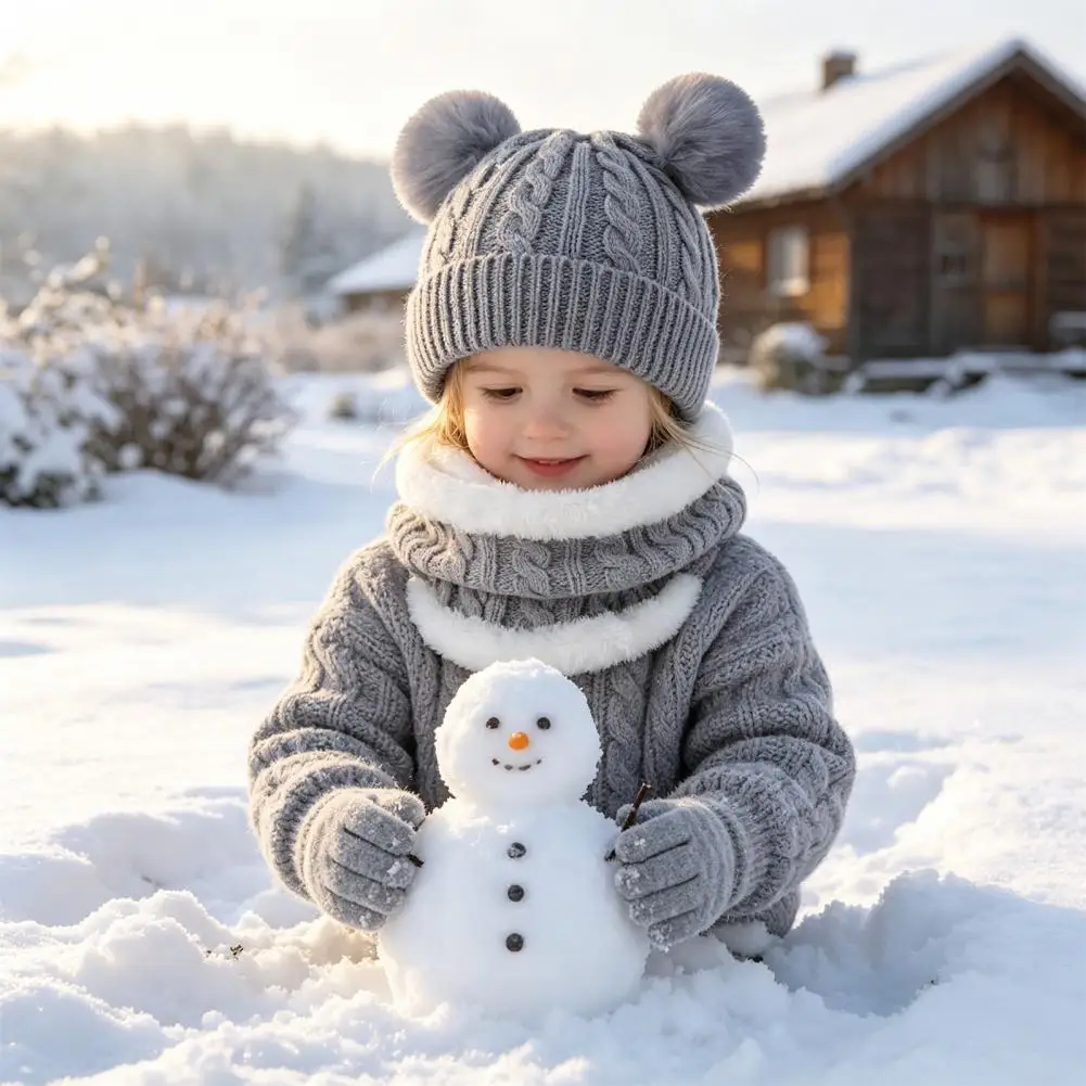 Warm Knitted Hat with Pom Poms Kids Winter Knit Set with Bear Ear Hat Fleece Lined Neck Gaiter Full Finger Gloves – for Boys