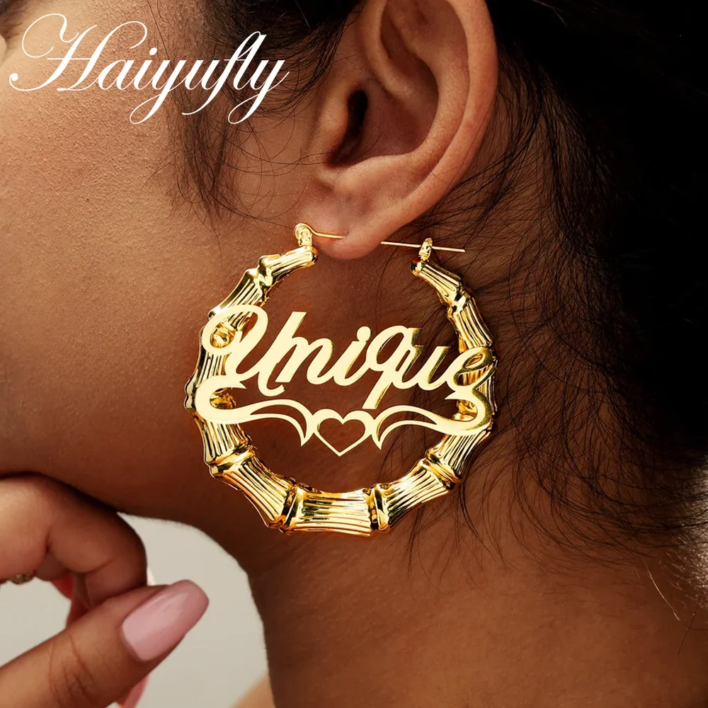 

Haiyufly 30-100mm Custom Name Bamboo Earring for Women Personalized Heart Stainless Steel Jewelry Hoop Earring Birthday Gift