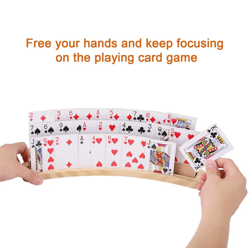 Curved Wooden Playing Card Holder Tray Rack Organizer Solid Card Holder for Kid Seniors for Bridge Canasta Strategy Card Playing view 2