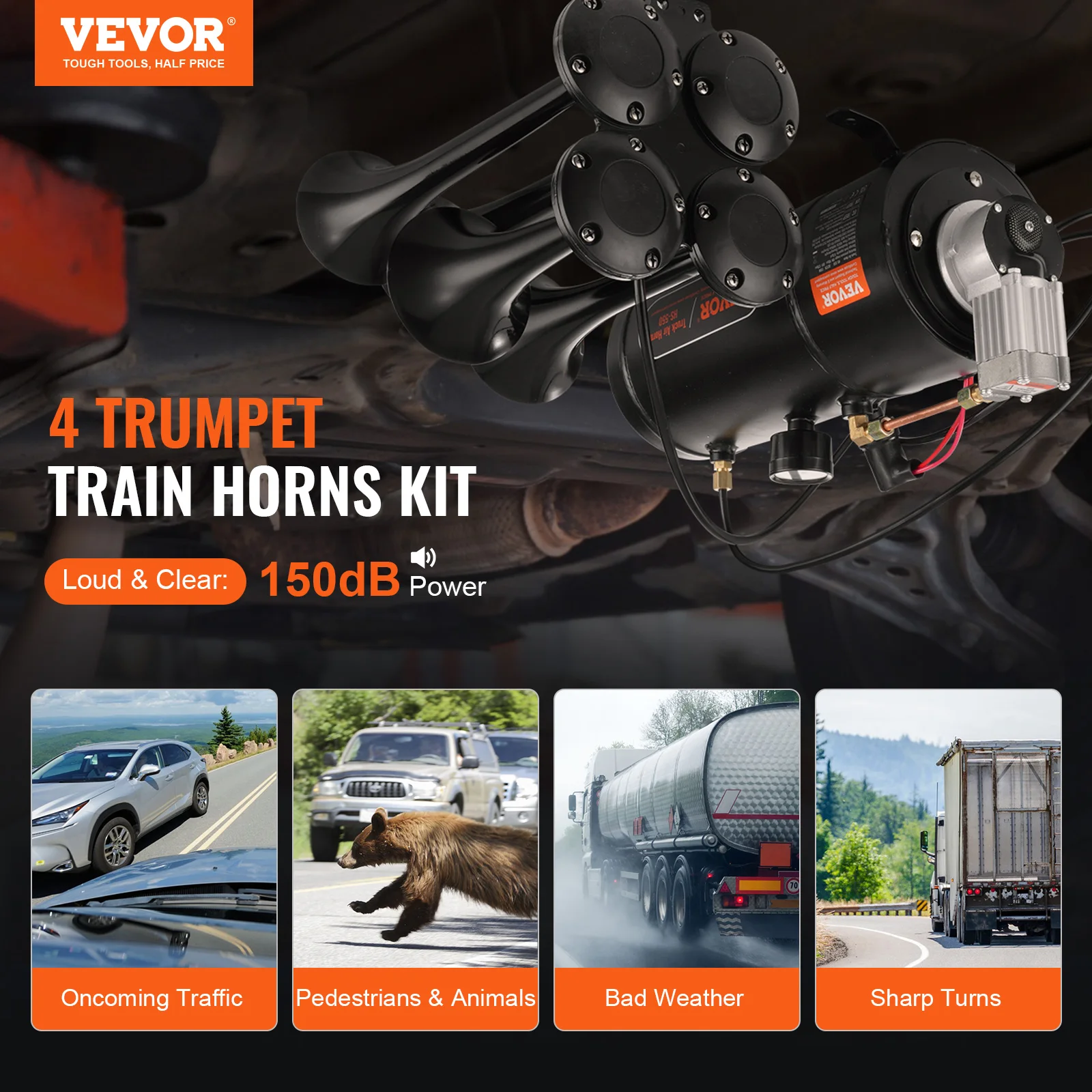 VEVOR Train Horns Kit 12V 120 psi Air Compressor 0.8 Gal/3 L Tank with Gauge for Any 12V Vehicle Car Truck Train Van Boat