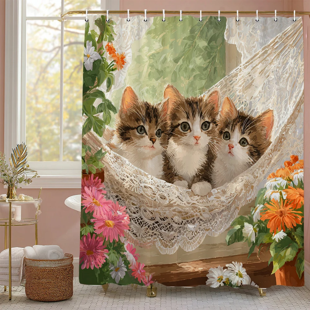 

The lovely cats in the floral garden Shower Curtain, Bathroom Decorative Shower Curtain, Waterproof Shower Curtain with Hooks