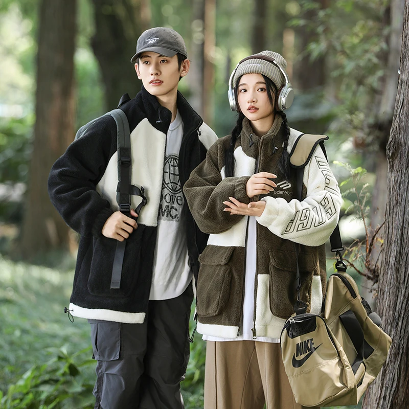 

Lamb Fur Jaet Men's Winter Thiened Fce Warm Couple's Cotton Clothes Trendy Splicing Color Blo Lamb Fur Cotton Coat