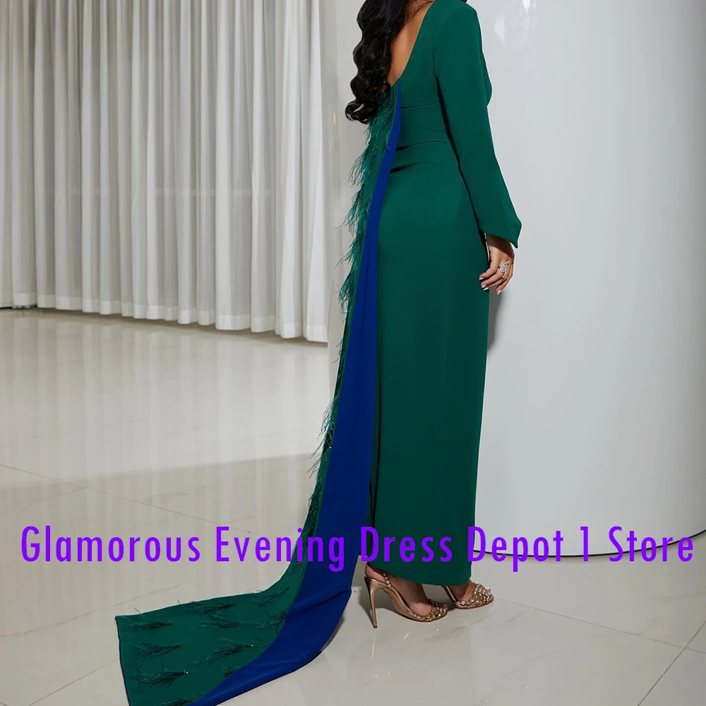 Customized Elegant Feathers Off The Shoulder Jersey Evening Dress Fashion Sheath Floor Length Boat Neck Long Sleeves Prom Dress