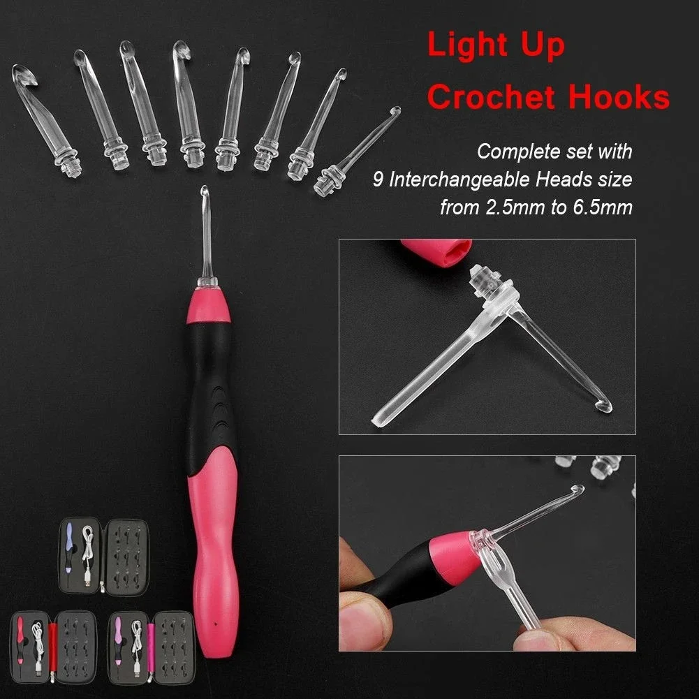 9 in 1 USB Light Up Crochet Hooks Handmade Knitting Needles LED Sewing Tools Set DIY Weaving Sweater Tool Kit Sewing Accessories