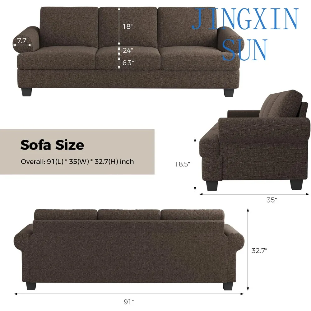 91 Inch Lawson Sofa with Extra Deep Seats Oversize, Mid-Century 3-Seat Sofa Couch, for Living Room, Apartment, Lounge, Brown