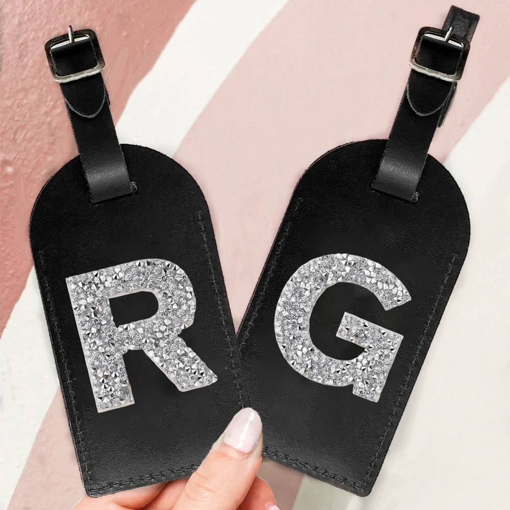 Initial Rhinestone A-Z Monogram PU Leather Luggage Tags for Suitcase Travel Accessorie Baggage Handbag Tags Bag Label Tag Gifts