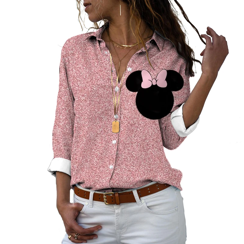 Women's Street Style Autumn Harajuku Long Sleeve Shirt Mickey Minnie Cartoon 3D Printing Ladies Lapel Single Breasted Shirt y2k