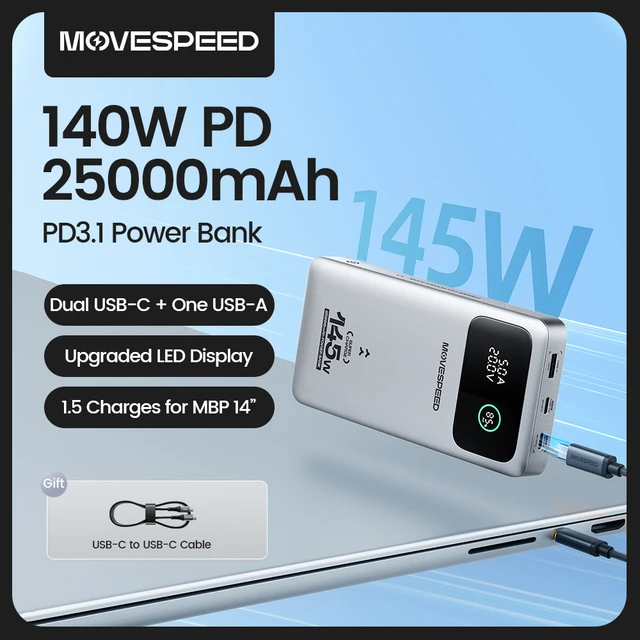 MOVESPEED M25 Pro 140W Power Bank 25000mAh PD3.1 USB-C Szybkie ładowanie Powerbank Przenośna bateria zewnętrzna do laptopa MacBook Dell