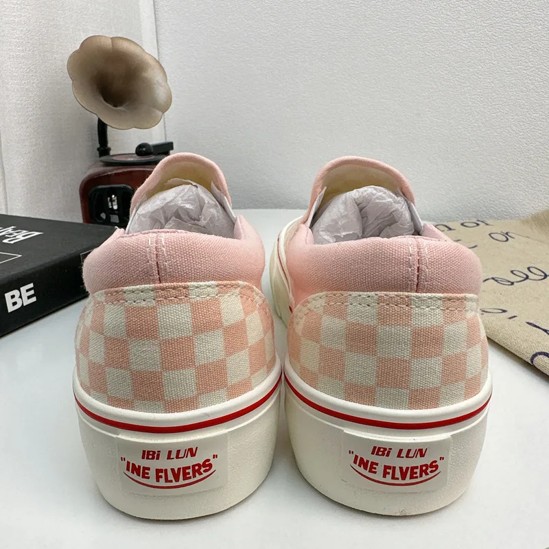 Quality Women Thick Sole Pink Canvas Shoes Checkered Unisex Black White Checkered Sneaker Slip On Girls Students Casual Shoes