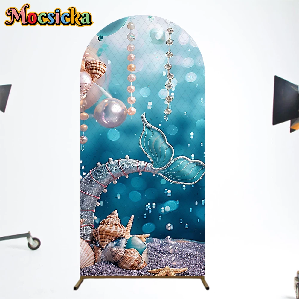 

Mocsicka Mermaid Wedding Arch Cover Backdrop Birthday Photo Arched Background Underwater World Pearl Conch Decor Party Photocall