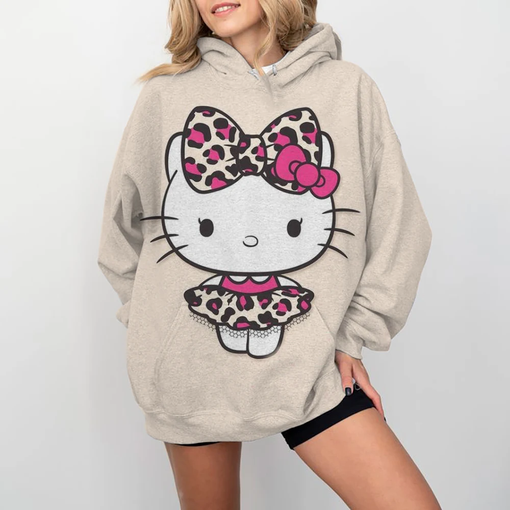 Women Y2K Hoodies Harajuku Hello Kitty Print Loose Sweatshirt Trousers Hip Hop Punk Long Sleeve Pocket Sweatpant Streetwear Tops