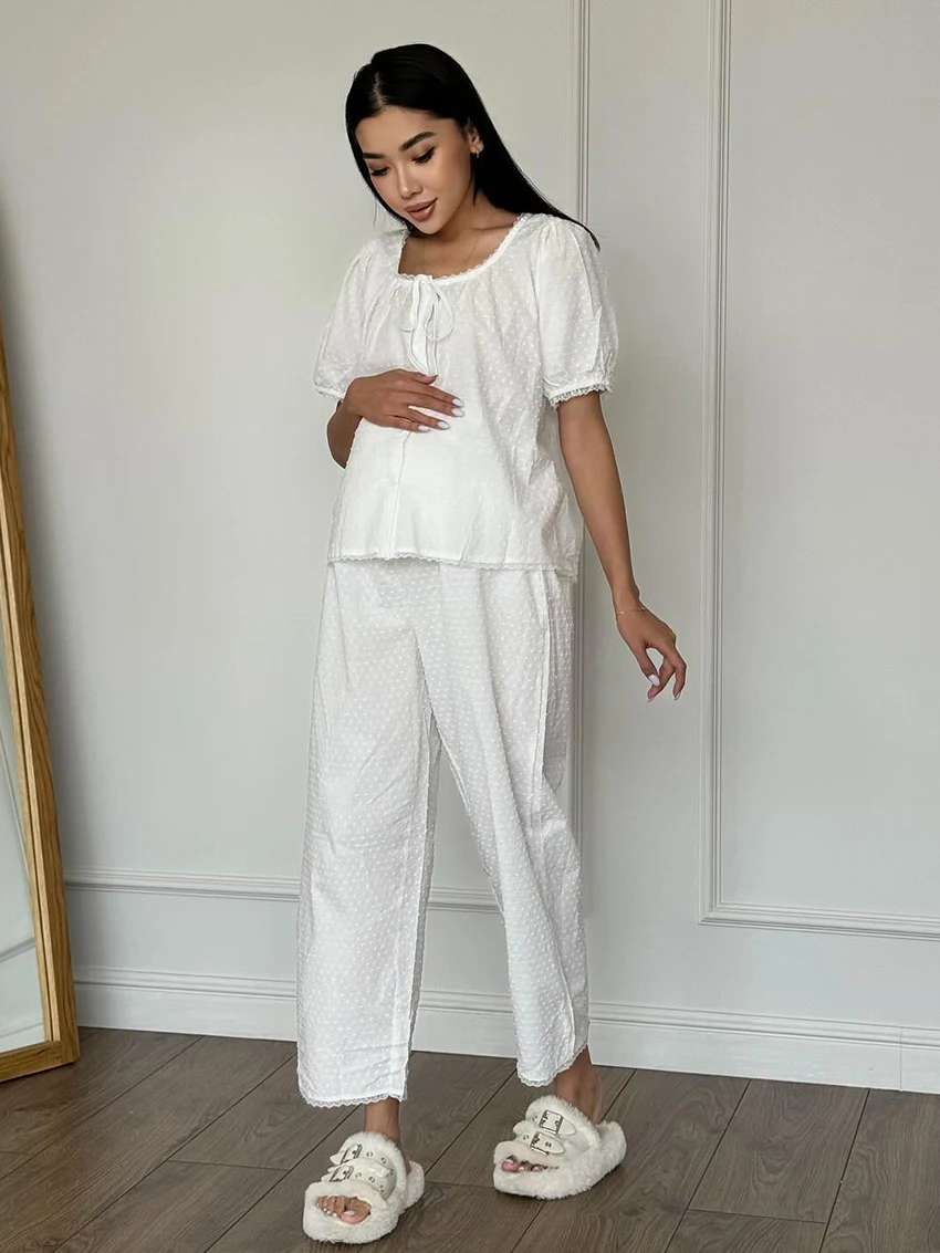 Marthaqiqi Cotton Women Nightwear Suit Lace Up Pajamas O-Neck Sleepwear Short Sleeve Nightie Pants Casual Ladies Nightgowns Set