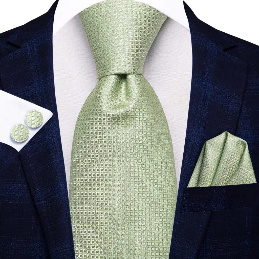 2023 New Sage Green Solid Plaid Hi-Tie Designer Gift Tie for Men Fashion Brand Wedding Party Necktie Handky Cufflinks Wholesale