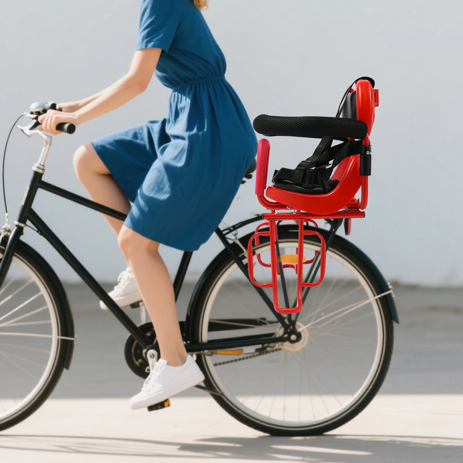 

Rear Child Bike Seat Attachment for Adult Bike with Seat Cushion with U-shaped Guardrail and Wider Footrest for Children