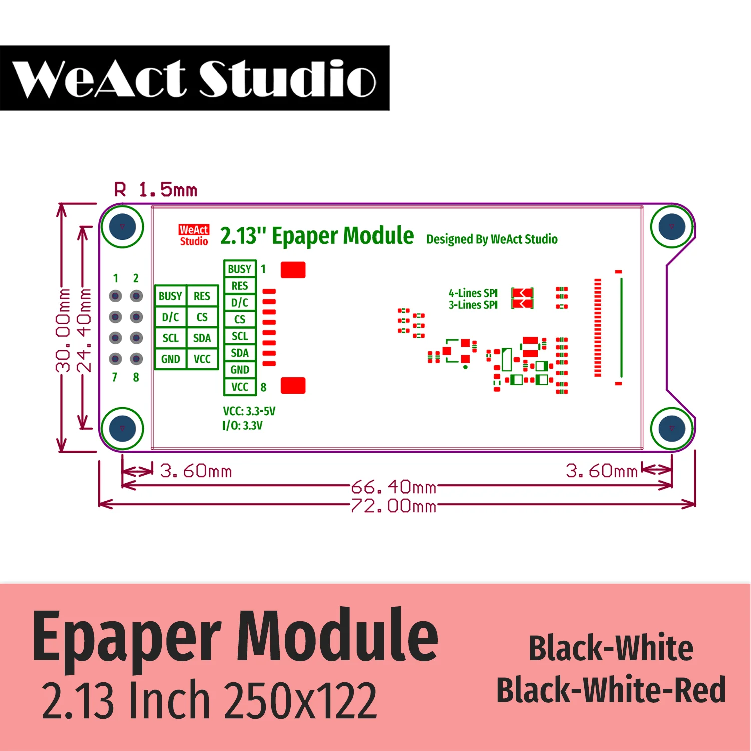 WeAct 2,9'' 2,13" 2,9 2,13 Zoll Epaper Modul E-Paper E-Ink EInk Display Bildschirm SPI Schwarz-Weiß Schwarz-Weiß-Rot