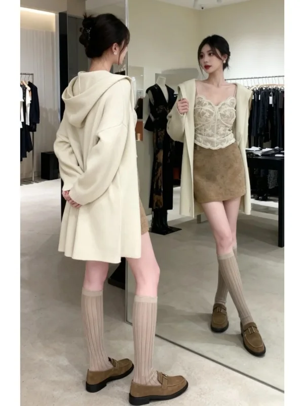 

Korean Style Spring Knitted Jacket And Half Skirt Set Women's Hat Trendy Belted Crop Top And High Waist Skirt Outfit