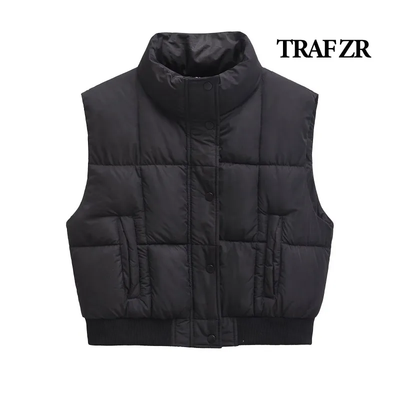 Traf zr colete acolchoado sem mangas jaquetas mulher vintage americano sólido recortado coletes inverno preto senhora coletes feminino colete quente