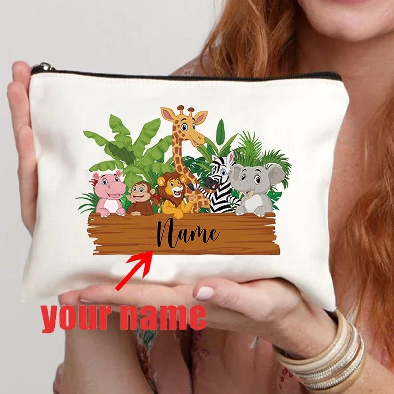 Cute Animal Lion Makeup Bag Custom Name Fashionable Women's Canvas Wash Bag Lipstick Travel Storage Bag Childrens Stationery