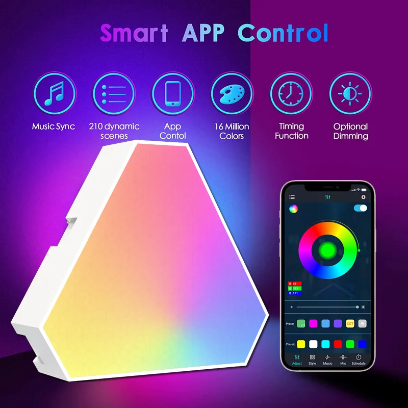

Умная RGB-лампа для создания атмосферы, модуль для самостоятельной сборки, синхронизация с музыкой, светодиодный треугольный светильник, управление через приложение, голосовое управление, USB, для игр, спальни, настенный монтаж