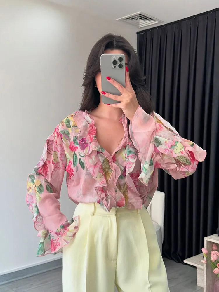 

HH летняя женская модная многослойная декоративная элегантная рубашка с цветочным принтом и длинными рукавами, праздничная блузка с v-образным вырезом, винтажные топы