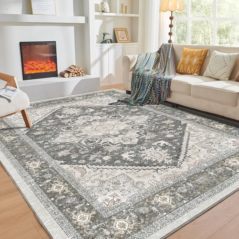 Non Slip Faux Cashmere Area Rug 5x7 Machine Washable Ultra Soft Low Pile Carpet High Traffic Areas