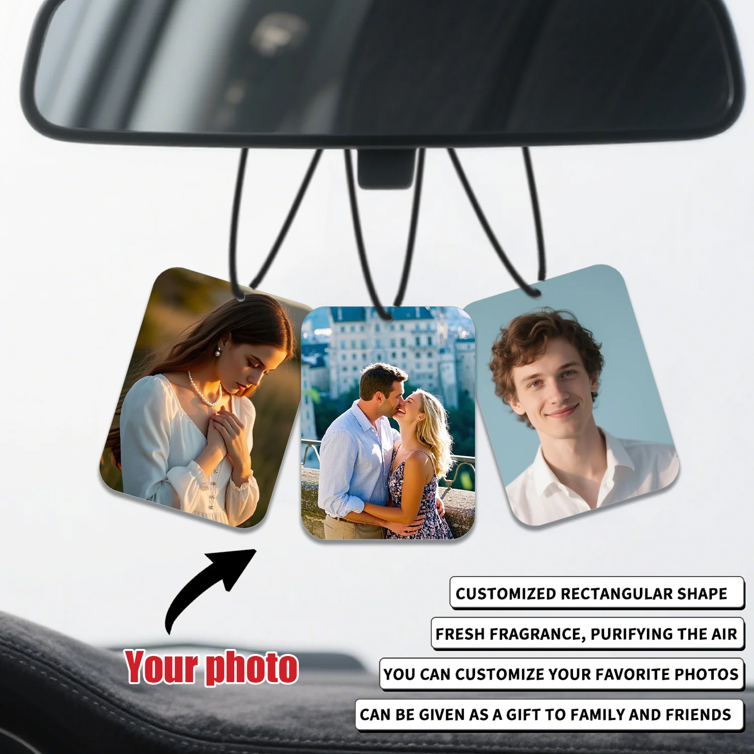 

1pc/3pcsCustom rectangular style photo car air freshener, family car rearview mirror pendant, custom company logo, commemorative