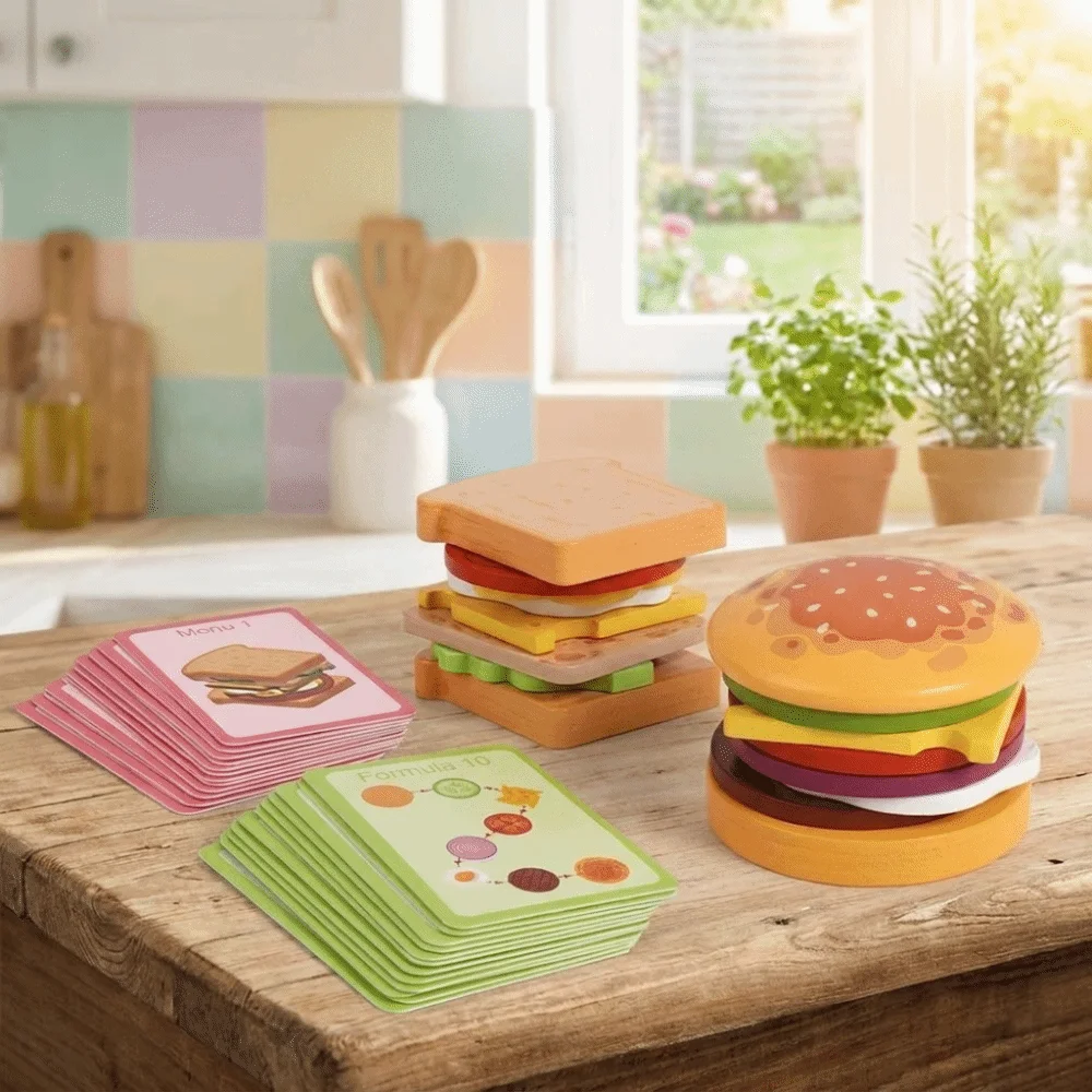 Wooden Pretend Play Kitchen Simulation Food Pretend Play Toys Hamburger Stacking Design Montessori Educational