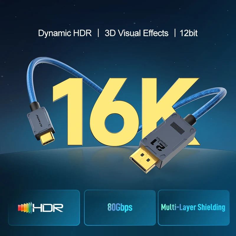 16K USB C to Displayport Cable 8K@120Hz C to DP Bidrectional DP to Type C 240Hz Cord for Thunderbolt 3/4  MacBook Laptop Phone