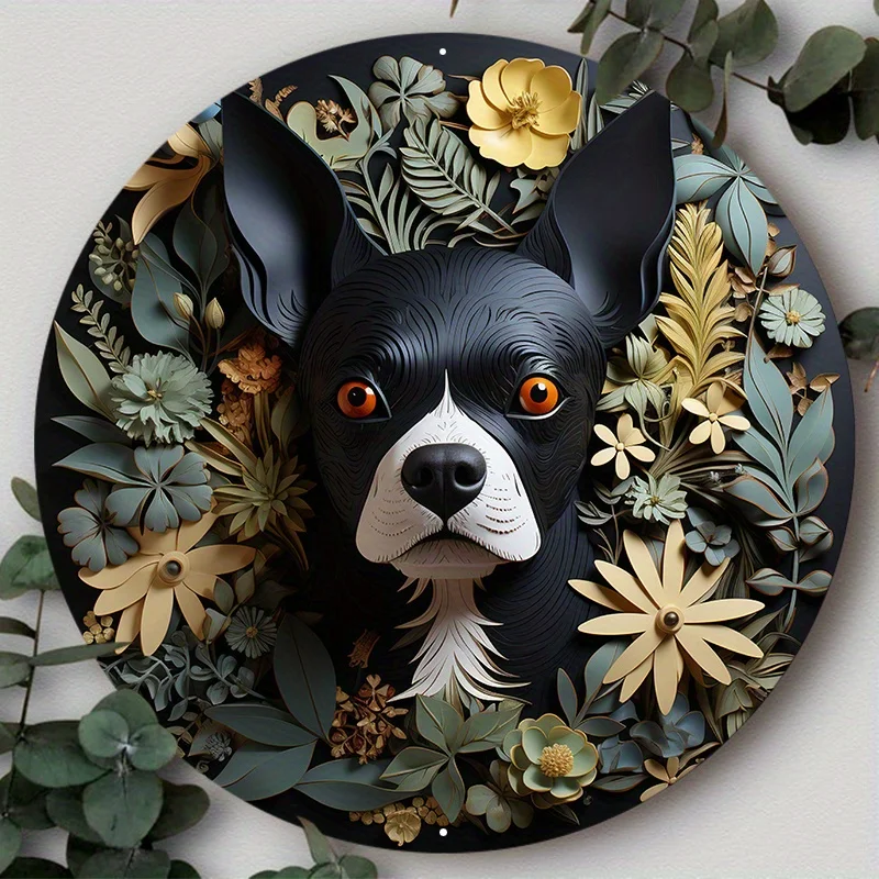 

Mask Theme Cute Dog Gift Round Metal Aluminum Sign Decorative Art Plates for Cafe Bar Club Yard Home Office Wall Decor