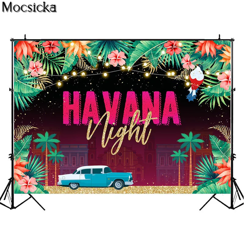 Mùa Hè Havana Đêm Phông Nền Trẻ Sinh Nhật Chụp Hình Trang Trí Vintage Xe Nhiệt Đới Cây Cọ Retro Bảng Gỗ Nền