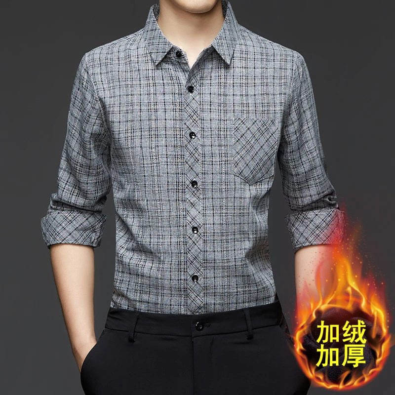 الخريف والشتاء القطن والكتان منقوشة قميص مخملي بأكمام طويلة الأعمال عادية لا الكي الربيع قميص رجالي