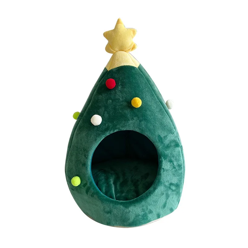 Merry Christmas Dog Cat Bed House Winter Warm Christmas Tree Dog Cat Home Soft Nest Pet Bed Cat Cave Tent Litter Box Pet Mat Pad