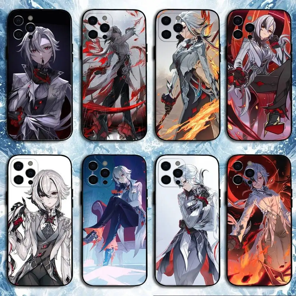 

G-Genshin Impact Arlecchino Phone Case For iPhone 16,15,14,13,12,11 Plus,Pro Max, Soft Silicone Black Cover