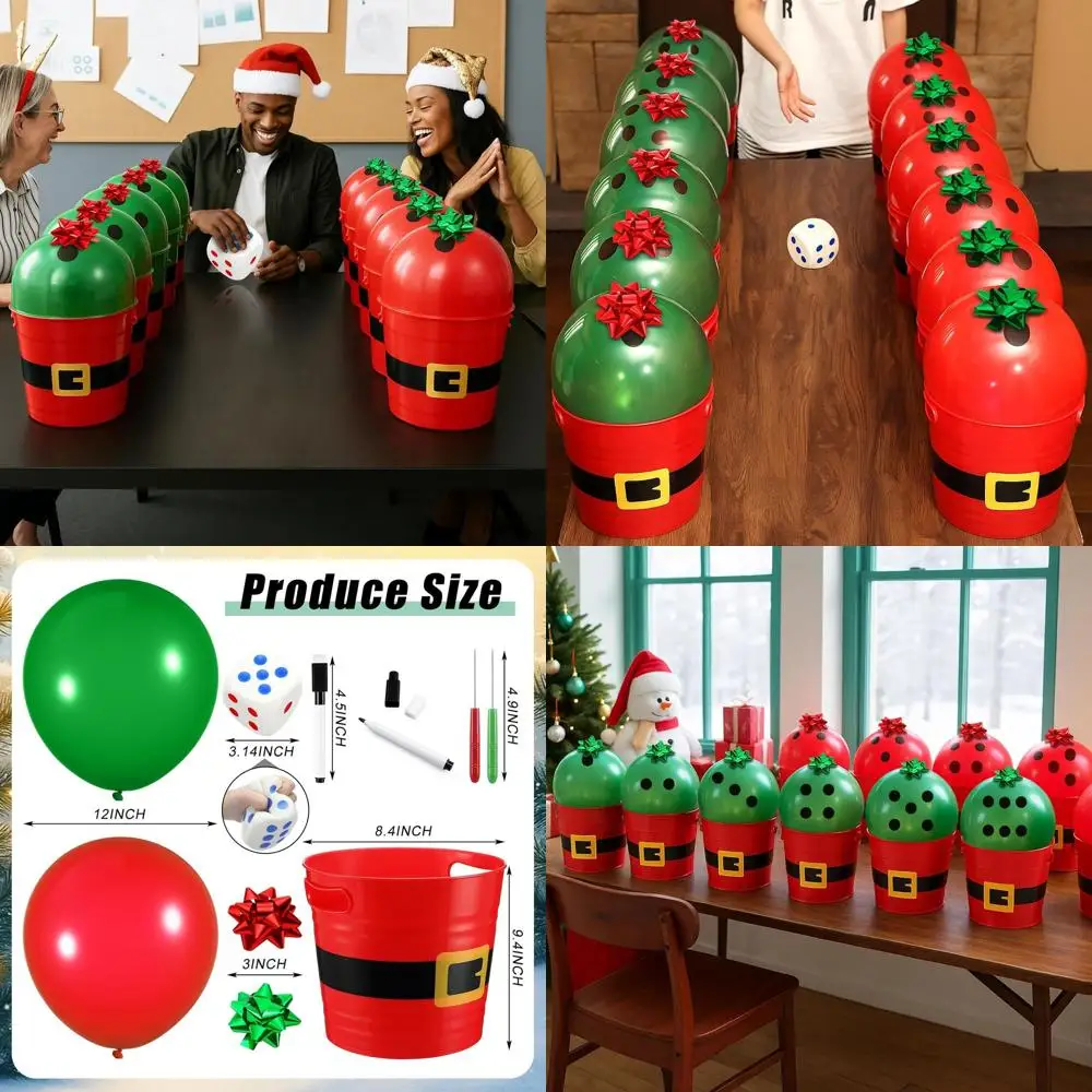 

Christmas Gift Set: 12-piece Plastic Santa Buckets with Stress Balls, Dice, Garland, Dart Pen, and Festive Balloons