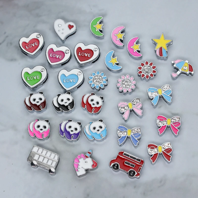 10Pcs/Lot Panda Bow Knot Heart Moon Sunflower 8mm Slide Charms Fit For 8mm Wristbands Women Jewelry Making Gift DIY Accessories