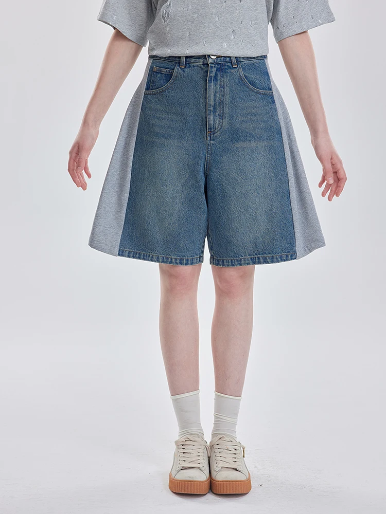 

OoofYang Color Blo Retro Denim orts Women's Summer Versatile Straight Leg Slimming Wide Leg Five-Quarter Pants