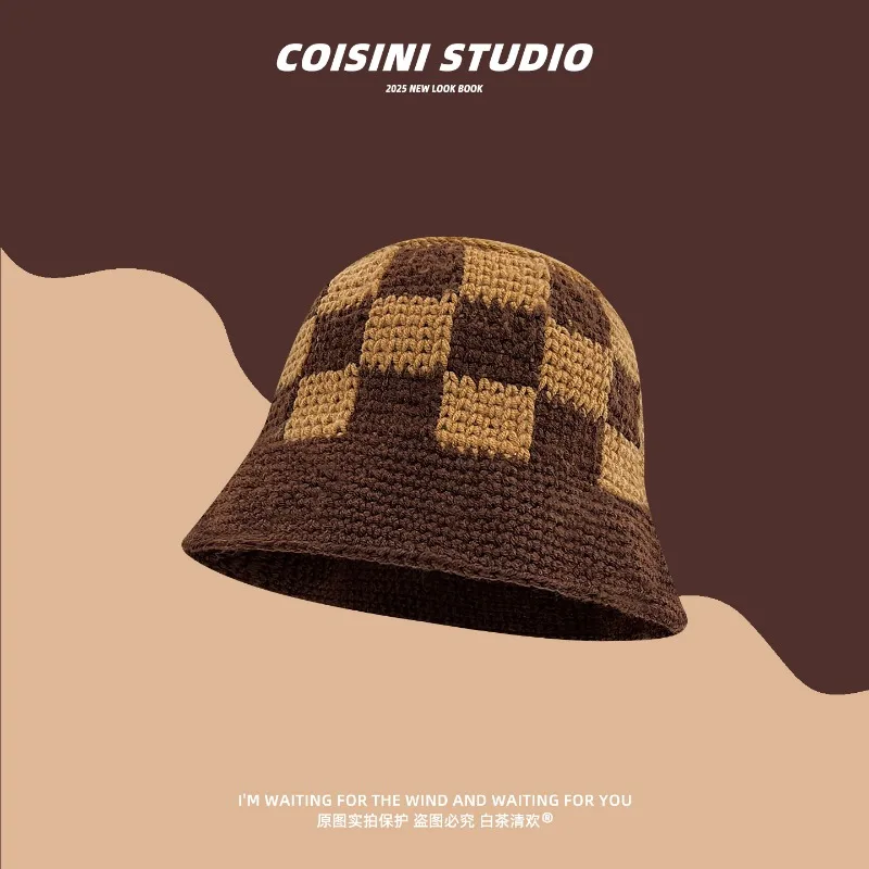 

New Korean Checkerboard Knitted Bucket Hat Women's Spring and Autumn Outdoor Versatile Sunshade Wide Brim Foldable Basin Cap