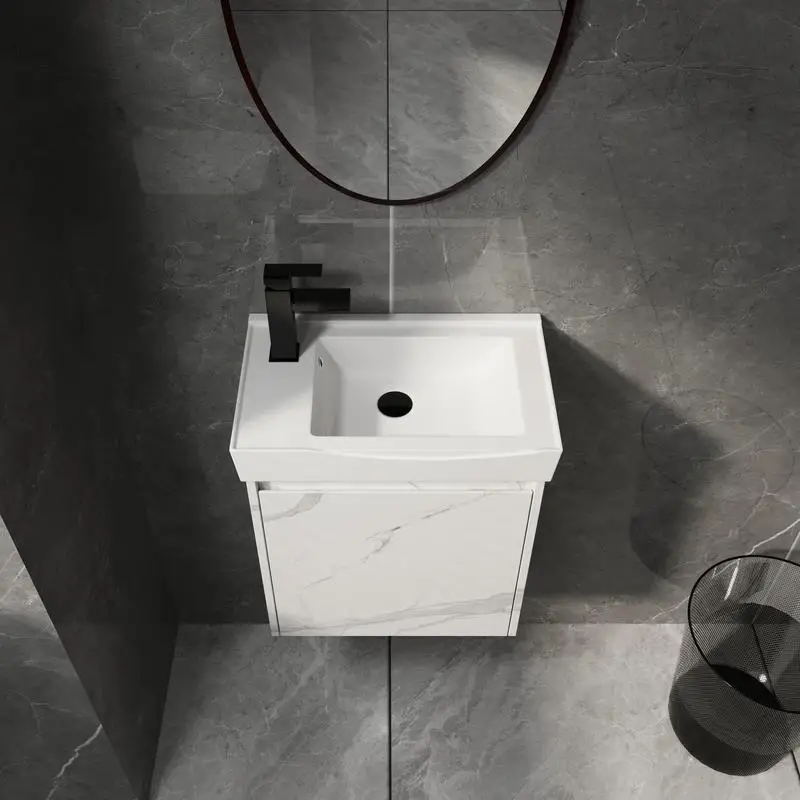 حمام مثبت على الحائط مقاس 20 بوصة مع حوض سيراميك ومجموعة خزانة تخزين، تتميز بأبواب للتخزين المضاف