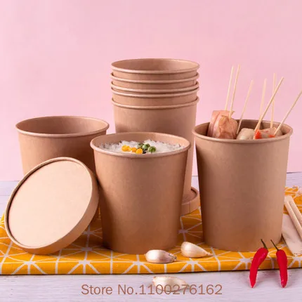 50pcs/pack Large Capacity Disposable Kraft Paper Bowl With Paper Lid Eco Takeaway Food Package Paper Cup Paper Lunch Box