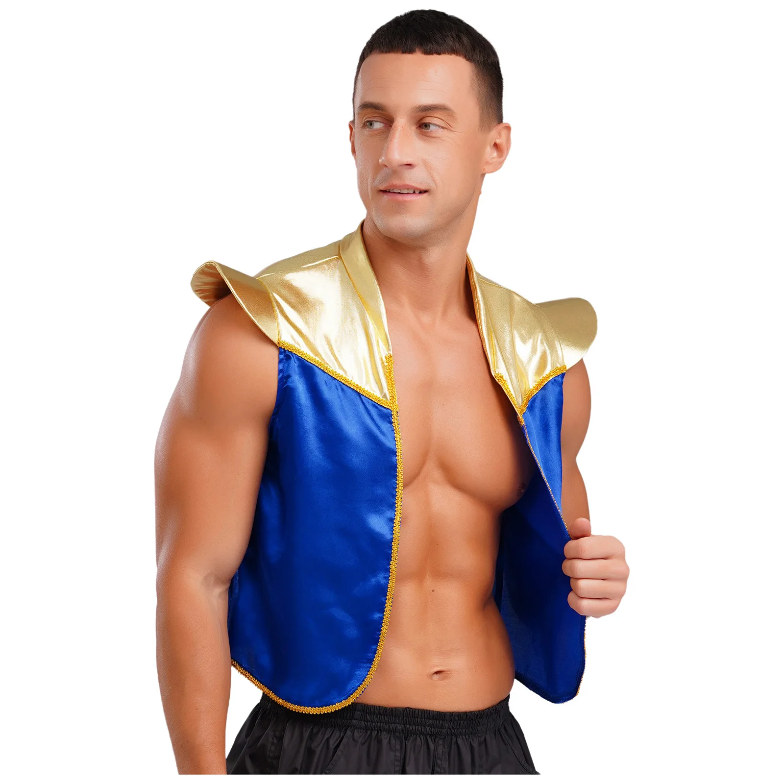 

Mens Mythical Arabian Prince Halloween Cosplay Costume Shoulder Pads Open Front Vest Color Block Shiny Metallic Vest Waistcoat