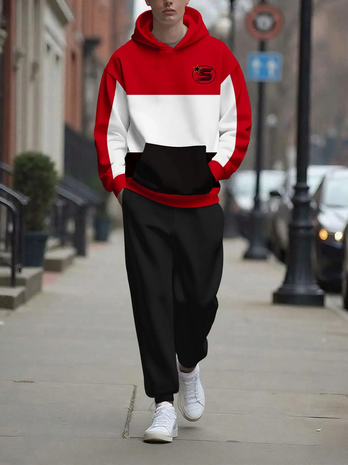 Комплект из 2 предметов, модный мужской спортивный топ с длинными рукавами и длинные брюки в европейском и американском стиле.